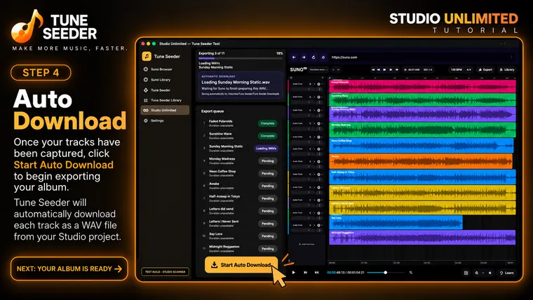 Studio Unlimited Step 4 — Click Start Auto Download to export each captured track as a WAV file