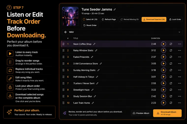 Step 7 — Listen or edit track order before downloading