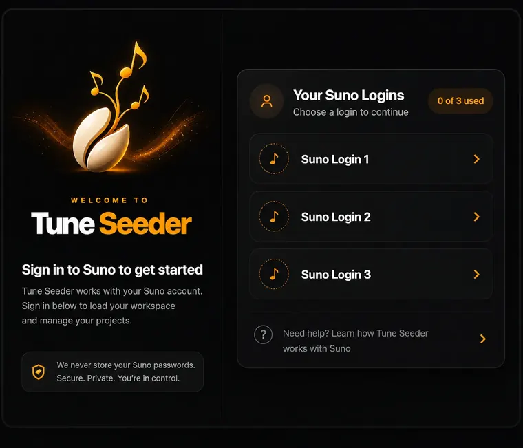 Tune Seeder sign-in screen showing Suno Login 1, 2 and 3 options