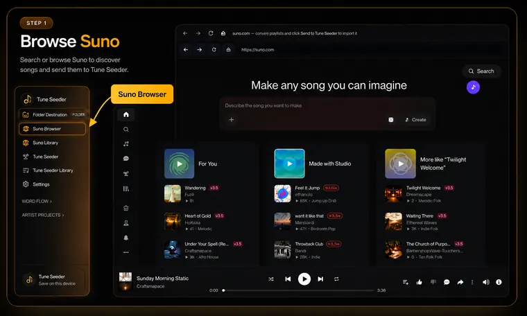 Step 1 — Browse Suno in the built-in Suno Browser and send songs to Tune Seeder