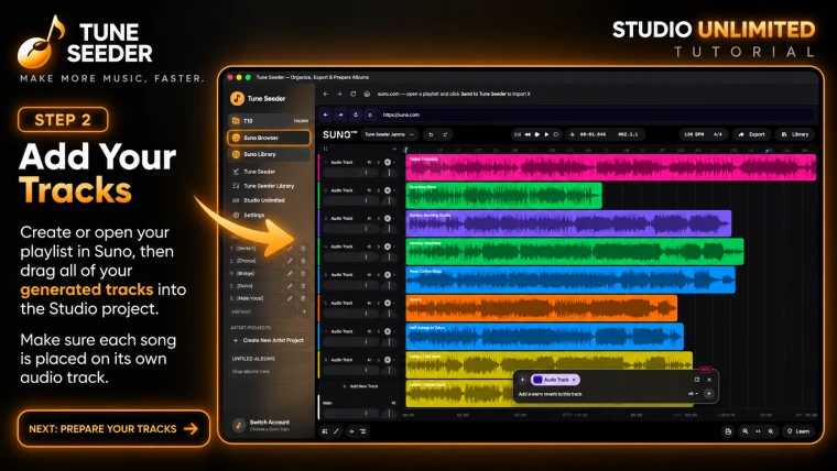 Studio Unlimited Step 2 — Drag your generated tracks into the Studio project, one song per audio track