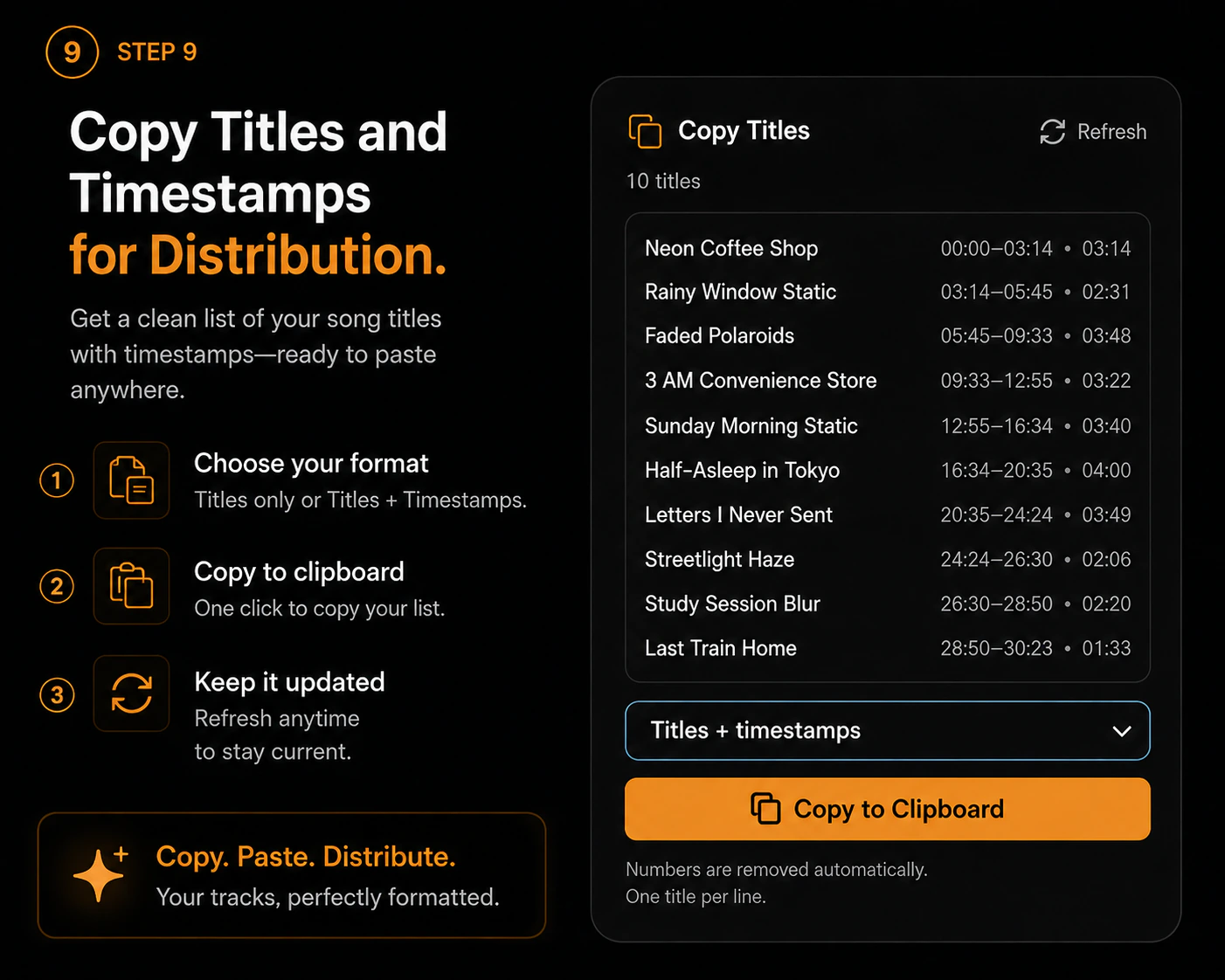 Step 9 — Copy titles and timestamps for distribution