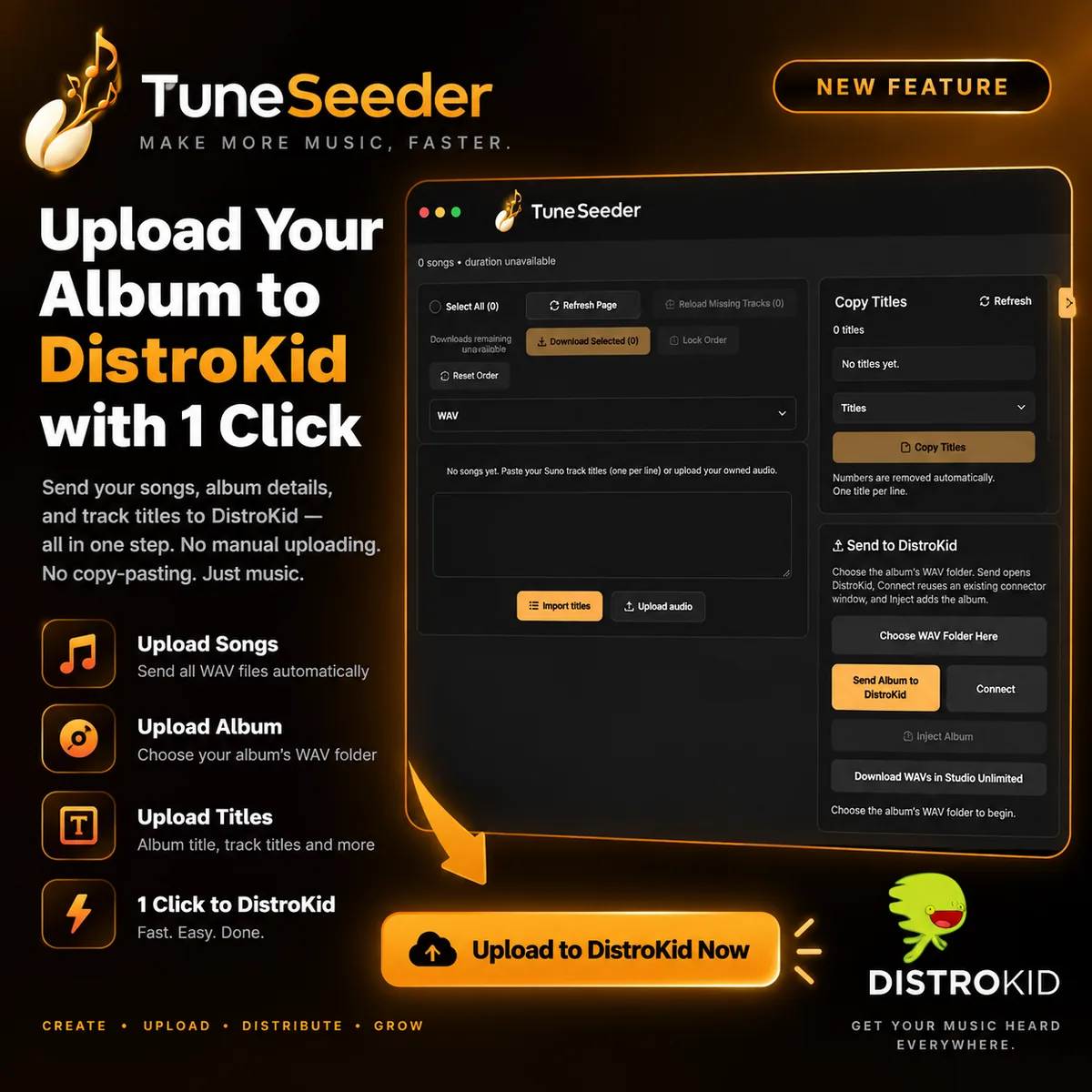 Upload your album to DistroKid with one click, straight from Tune Seeder