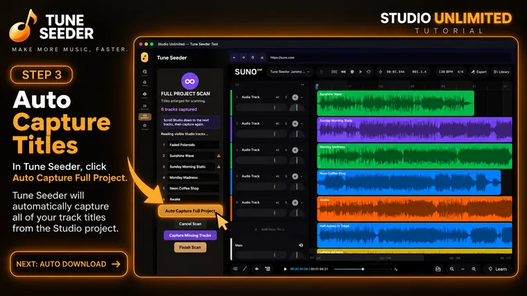 Studio Unlimited Step 3 — Click Auto Capture Full Project so Tune Seeder captures every track title from your Studio project