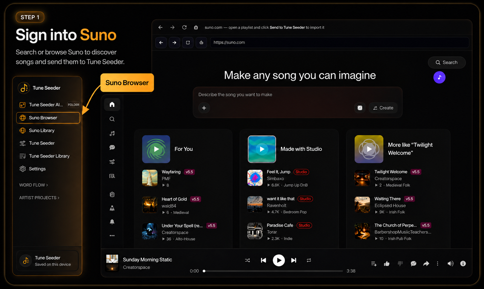 Step 1 — Sign into Suno and send playlists to Tune Seeder